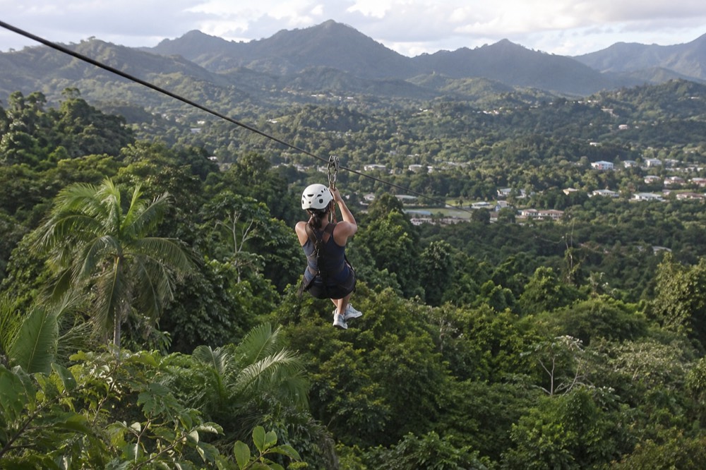 A person in a helmet and harness clipped to a steel cable above tropical vegetation