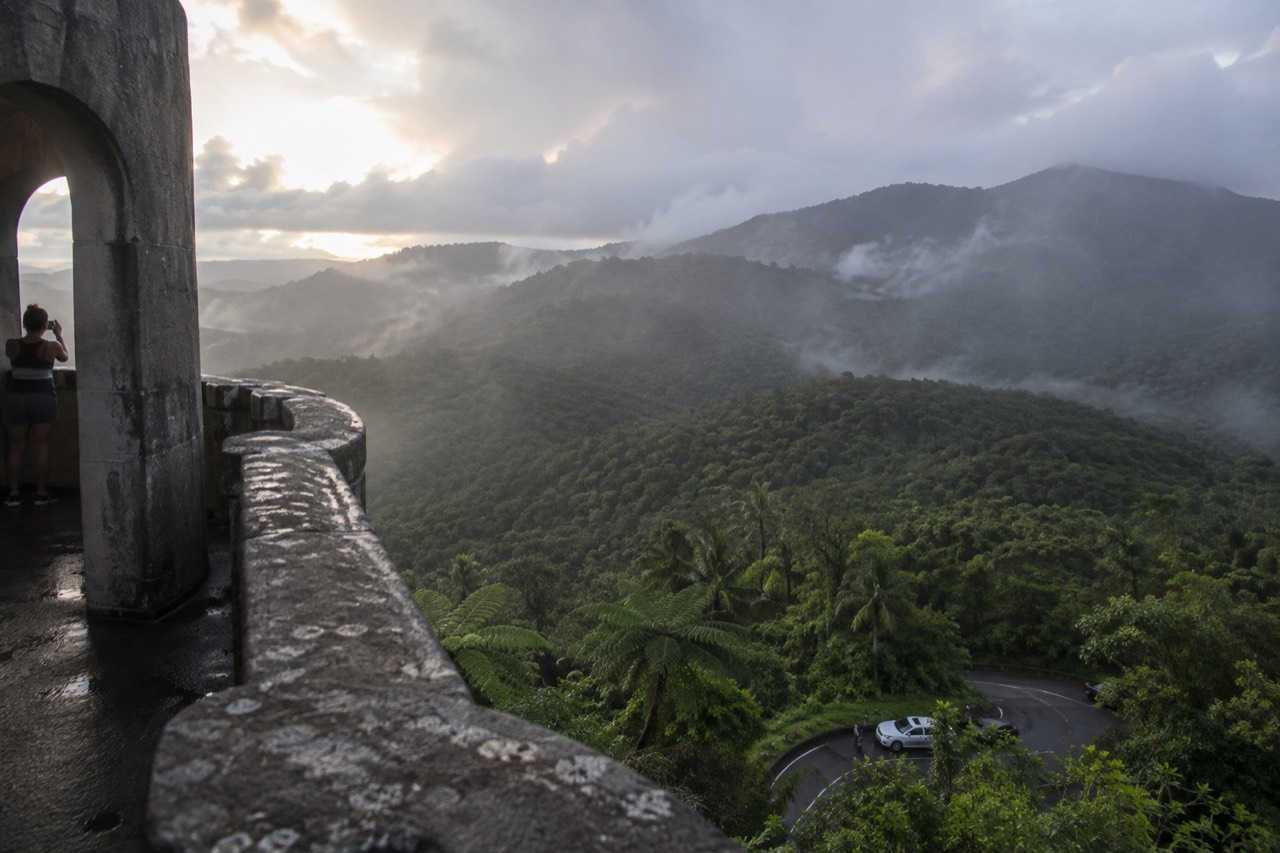 Mist rising over green rainforest mountains in the early morning