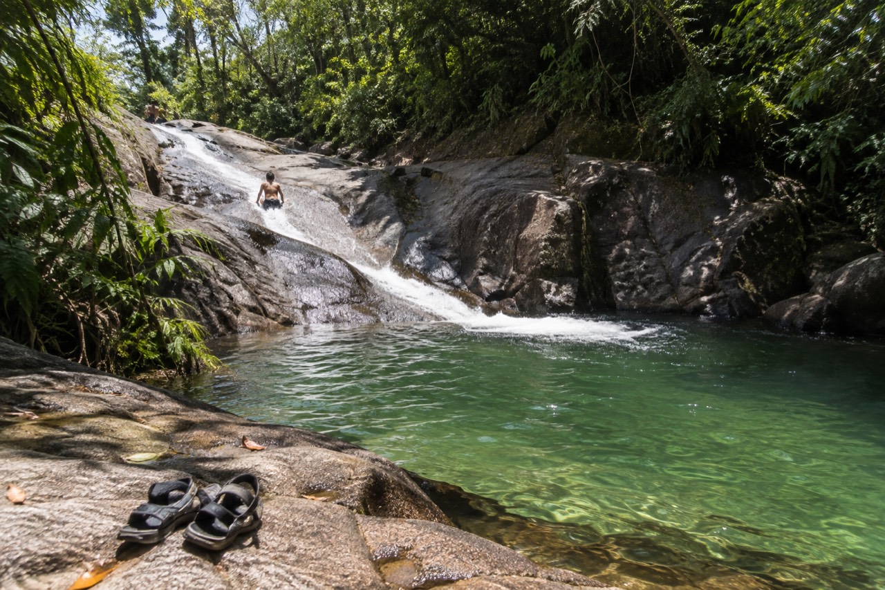 Smooth rock channel of a rainforest river sliding into a clear pool surrounded by green forest