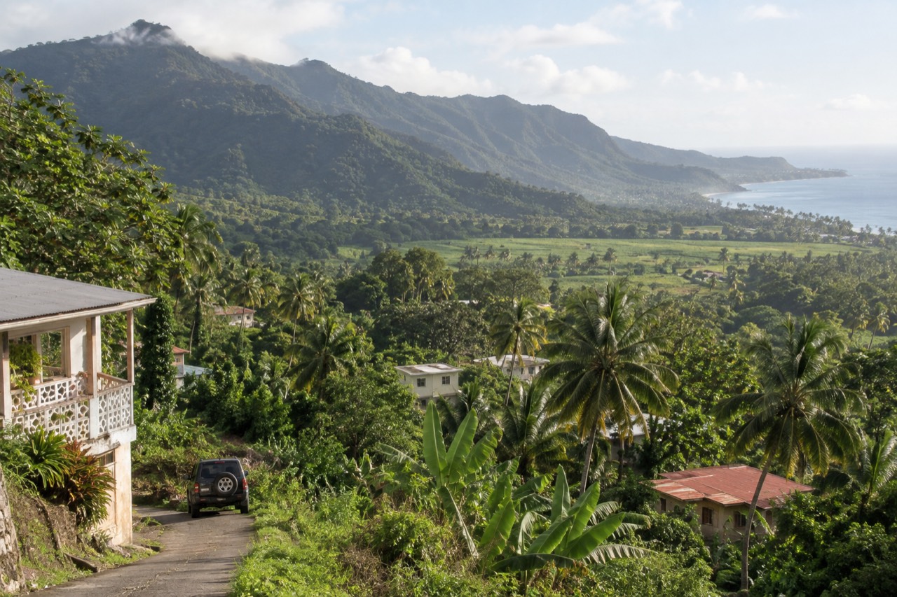 Rainforest covered mountains rising above a green coastal plain in eastern Puerto Rico