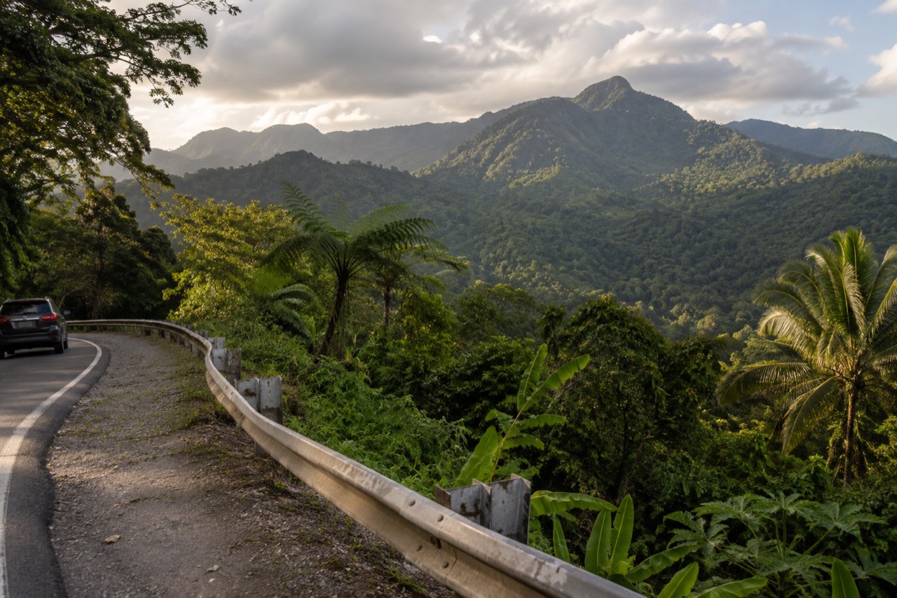 Rainforest covered mountains rising above a winding road in El Yunque National Forest