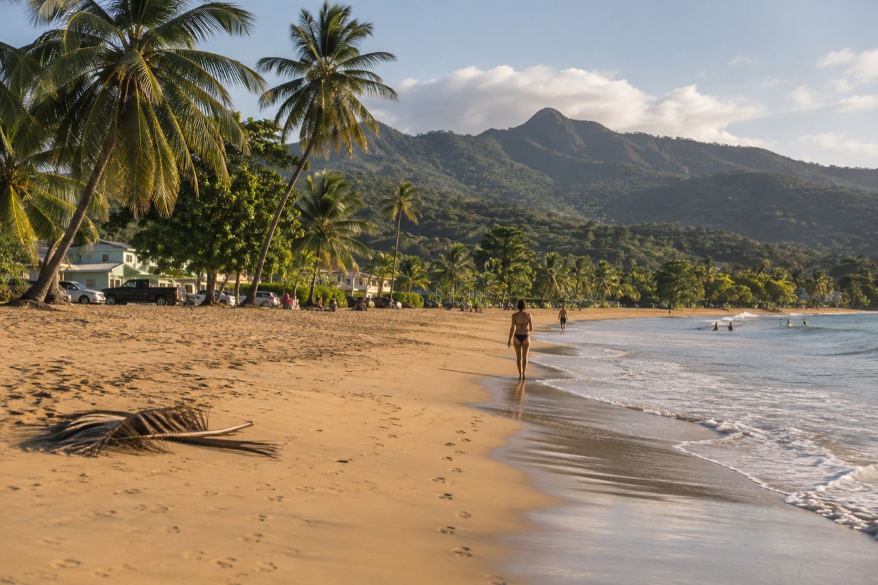 Rainforest-covered mountains rising behind a wide sandy beach on Puerto Rico's east coast