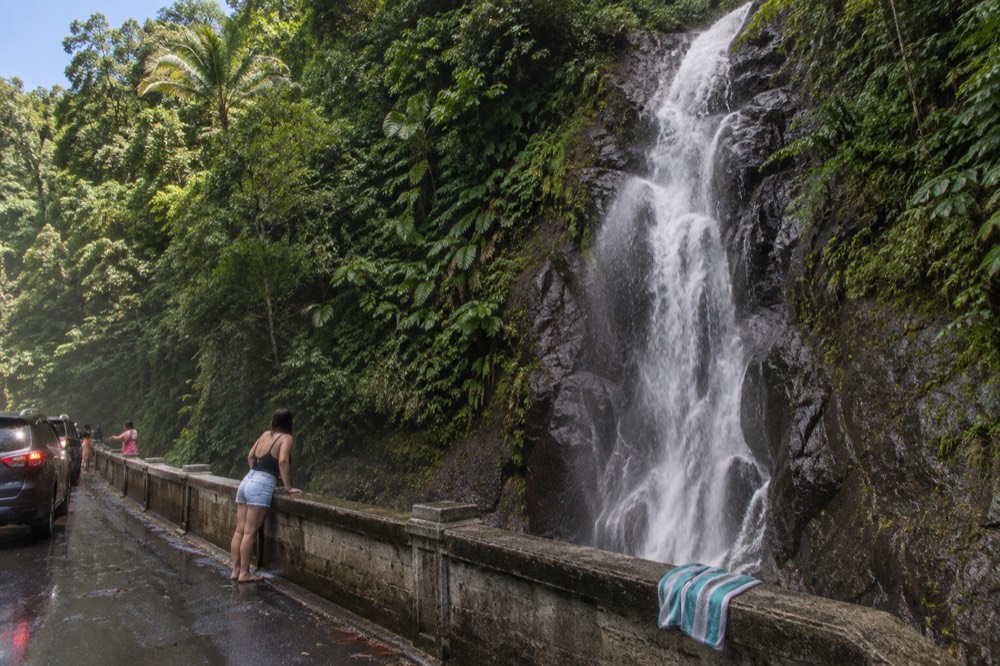 A tall roadside waterfall cascading over a dark rock face beside a forest road