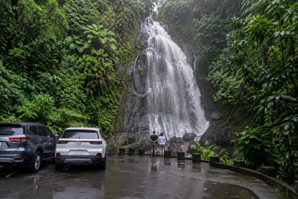 A tall roadside waterfall dropping over a rock face beside a forest road