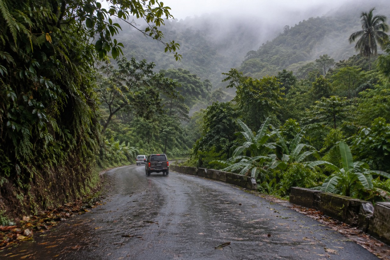 Forest road winding through dense green rainforest with mist on the hills