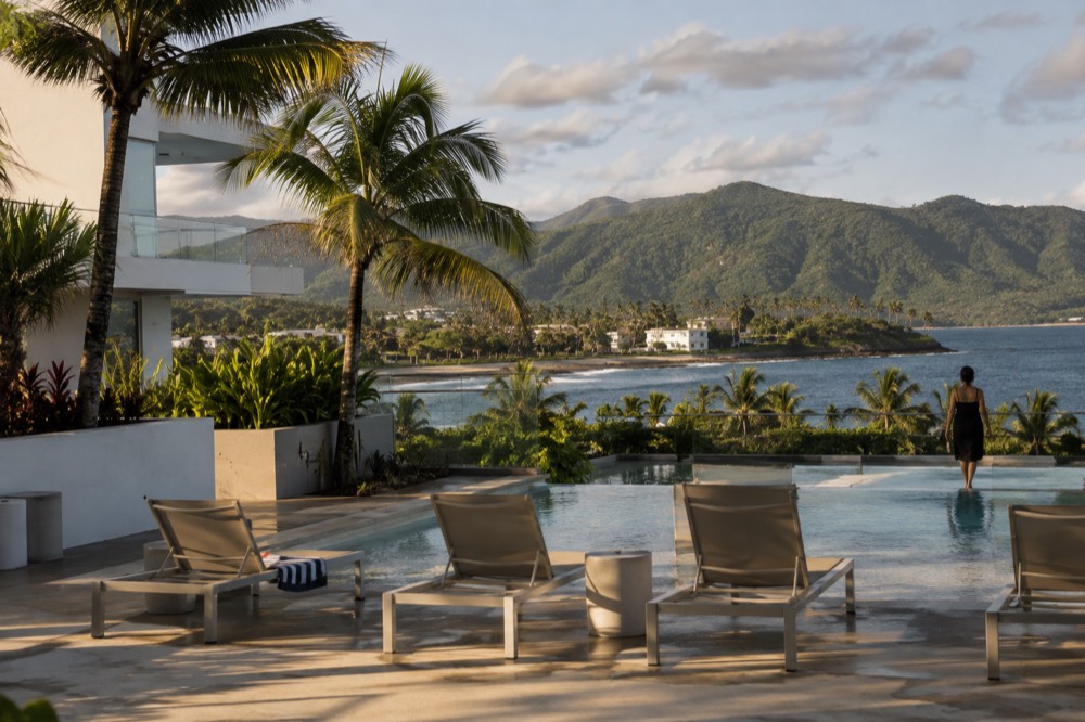 A modern resort building with a pool and palm trees seen from a distance against a green mountain backdrop